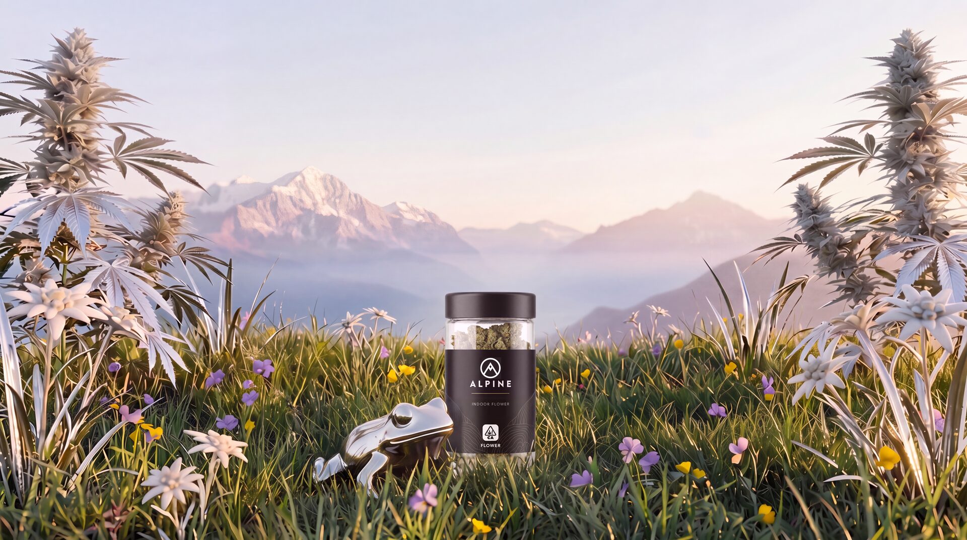 An alpine meadow at first light, with chrome cannabis plants and chrome edelweiss growing among real wildflowers. A jar of Alpine indoor flower stands in the grass.
