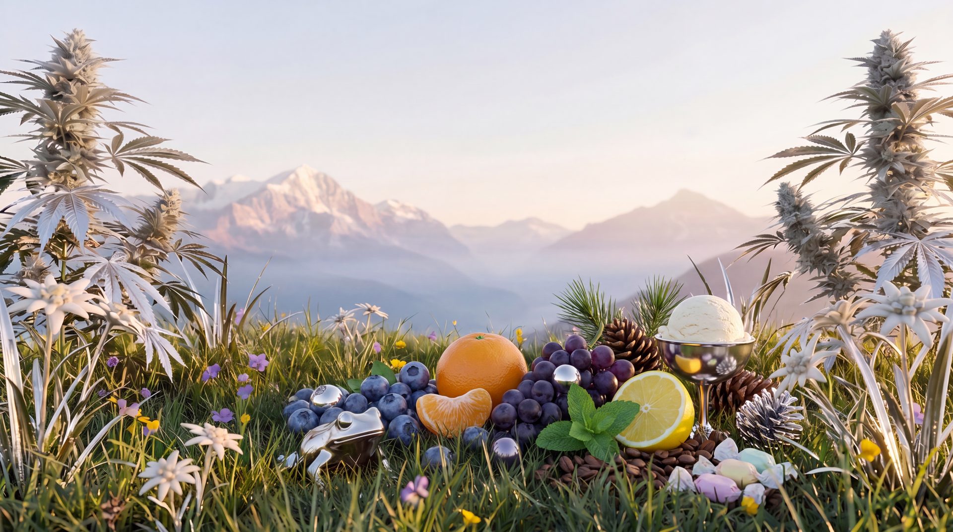 An alpine meadow at first light, with chrome cannabis plants and chrome edelweiss growing among real wildflowers. Fresh fruit, mint and pine spill into the grass.