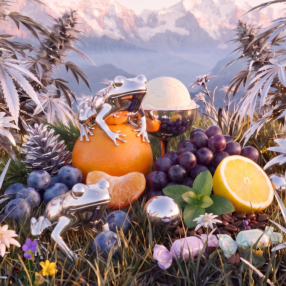 Fresh fruit, mint and pine in alpine meadow grass.